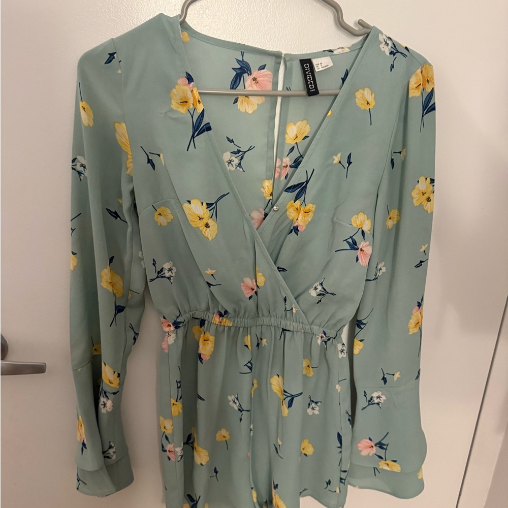 Floral Wrap Romper in Green and Yellow